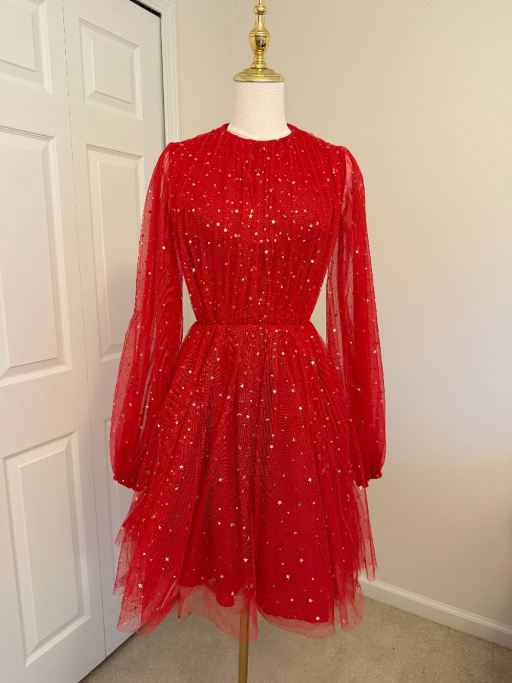 Teuta Matoshi Scarlet Red Starry Tulle Mini Dress Celestial XS S